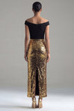 Sparkly Off The Shoulder Black and Gold Sheath Midi Formal Dress