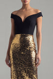 Sparkly Off The Shoulder Black and Gold Sheath Midi Formal Dress
