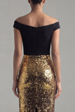Sparkly Off The Shoulder Black and Gold Sheath Midi Formal Dress