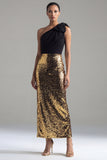 One Shoulder Sheath Sequin Black and Gold Bow Formal Dress with Slit