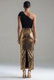 One Shoulder Sheath Sequin Black and Gold Bow Formal Dress with Slit