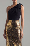 One Shoulder Sheath Sequin Black and Gold Bow Formal Dress with Slit
