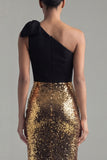 One Shoulder Sheath Sequin Black and Gold Bow Formal Dress with Slit