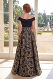 Off The Shoulder Black A Line Jacquard Mum Of The Bride Dress