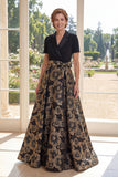 Black A Line Jacquard Notched Lapel Mum Of The Bride Dress with Short Sleeves