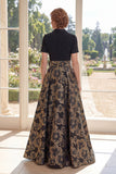 Black A Line Jacquard Notched Lapel Mum Of The Bride Dress with Short Sleeves