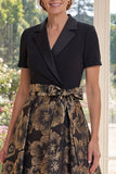Black A Line Jacquard Notched Lapel Mum Of The Bride Dress with Short Sleeves