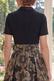 Black A Line Jacquard Notched Lapel Mum Of The Bride Dress with Short Sleeves