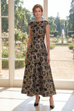Black Jacquard Bateau Neck A Lin Mum Of The Bride Dress with Cap Sleeves