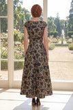 Black Jacquard Bateau Neck A Lin Mum Of The Bride Dress with Cap Sleeves