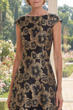 Black Jacquard Bateau Neck A Lin Mum Of The Bride Dress with Cap Sleeves