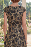 Black Jacquard Bateau Neck A Lin Mum Of The Bride Dress with Cap Sleeves