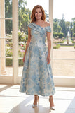 Blue A Line Jacquard Asymmetrical Neck Midi Mum Of The Bride Dress
