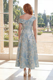 Blue A Line Jacquard Asymmetrical Neck Midi Mum Of The Bride Dress