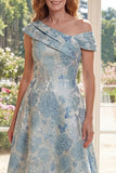 Blue A Line Jacquard Asymmetrical Neck Midi Mum Of The Bride Dress