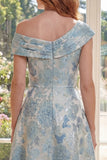 Blue A Line Jacquard Asymmetrical Neck Midi Mum Of The Bride Dress
