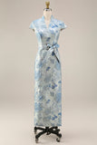 Sheath Blue High Neck Jacquard Mum Of The Bride Dress with Belt