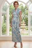 Sheath Blue High Neck Jacquard Mum Of The Bride Dress with Belt