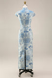 Sheath Blue High Neck Jacquard Mum Of The Bride Dress with Belt