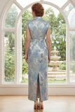 Sheath Blue High Neck Jacquard Mum Of The Bride Dress with Belt