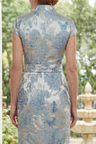 Sheath Blue High Neck Jacquard Mum Of The Bride Dress with Belt