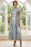 Blue Round Neck A Line Jacquard Mum Of The Bride Dress with Belt