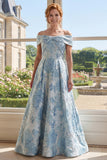 Off The Shoulder A Line Blue Jacquard Long Mum Of The Bride Dress