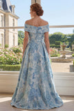 Off The Shoulder A Line Blue Jacquard Long Mum Of The Bride Dress