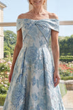 Off The Shoulder A Line Blue Jacquard Long Mum Of The Bride Dress