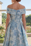 Off The Shoulder A Line Blue Jacquard Long Mum Of The Bride Dress