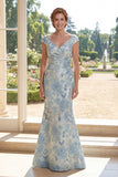 Mermaid V-Neck Blue Printed Floral Mum Of The Bride Dress with Cap Sleeves
