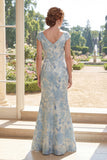 Mermaid V-Neck Blue Printed Floral Mum Of The Bride Dress with Cap Sleeves