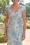 Mermaid V-Neck Blue Printed Floral Mum Of The Bride Dress with Cap Sleeves