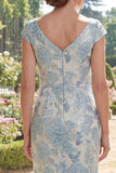 Mermaid V-Neck Blue Printed Floral Mum Of The Bride Dress with Cap Sleeves
