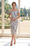 Dusty Blue Sheath Printed Floral Off The Shoulder Midi Mum Of The Bride Dress