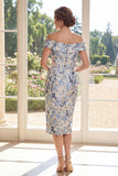 Dusty Blue Sheath Printed Floral Off The Shoulder Midi Mum Of The Bride Dress
