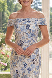 Dusty Blue Sheath Printed Floral Off The Shoulder Midi Mum Of The Bride Dress