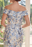 Dusty Blue Sheath Printed Floral Off The Shoulder Midi Mum Of The Bride Dress