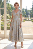 A Line V-Neck Dusty Blue Jacquard Mum Of The Bride Dress with Short Sleeves