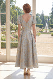 A Line V-Neck Dusty Blue Jacquard Mum Of The Bride Dress with Short Sleeves