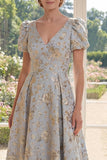 A Line V-Neck Dusty Blue Jacquard Mum Of The Bride Dress with Short Sleeves