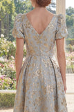A Line V-Neck Dusty Blue Jacquard Mum Of The Bride Dress with Short Sleeves