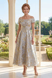 Dusty Blue Floral Jacquard A Line Off The Shoulder Mum Of The Bride Dress with Short Sleeves