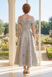 Dusty Blue Floral Jacquard A Line Off The Shoulder Mum Of The Bride Dress with Short Sleeves