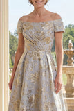 Dusty Blue Floral Jacquard A Line Off The Shoulder Mum Of The Bride Dress with Short Sleeves