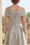 Dusty Blue Floral Jacquard A Line Off The Shoulder Mum Of The Bride Dress with Short Sleeves