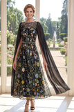 Floral Round Neck Black A Line Mum Of The Bride Dress with Cape Sleeves