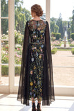 Floral Round Neck Black A Line Mum Of The Bride Dress with Cape Sleeves