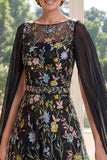 Floral Round Neck Black A Line Mum Of The Bride Dress with Cape Sleeves