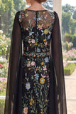 Floral Round Neck Black A Line Mum Of The Bride Dress with Cape Sleeves